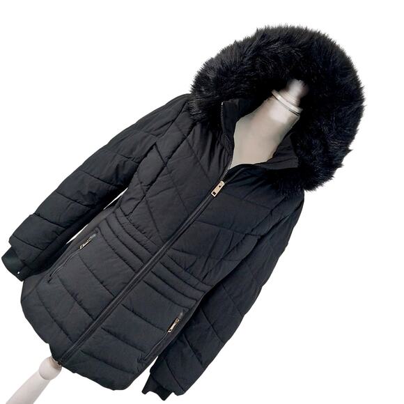MICHAEL KORS! RICH BLACK, NEOPRENE SIDES, HOODED PUFFER JACKET, COAT! SZ L - Picture 1 of 12